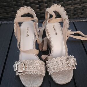 Larroude Beige Wedge Sandals with Buckle Detail